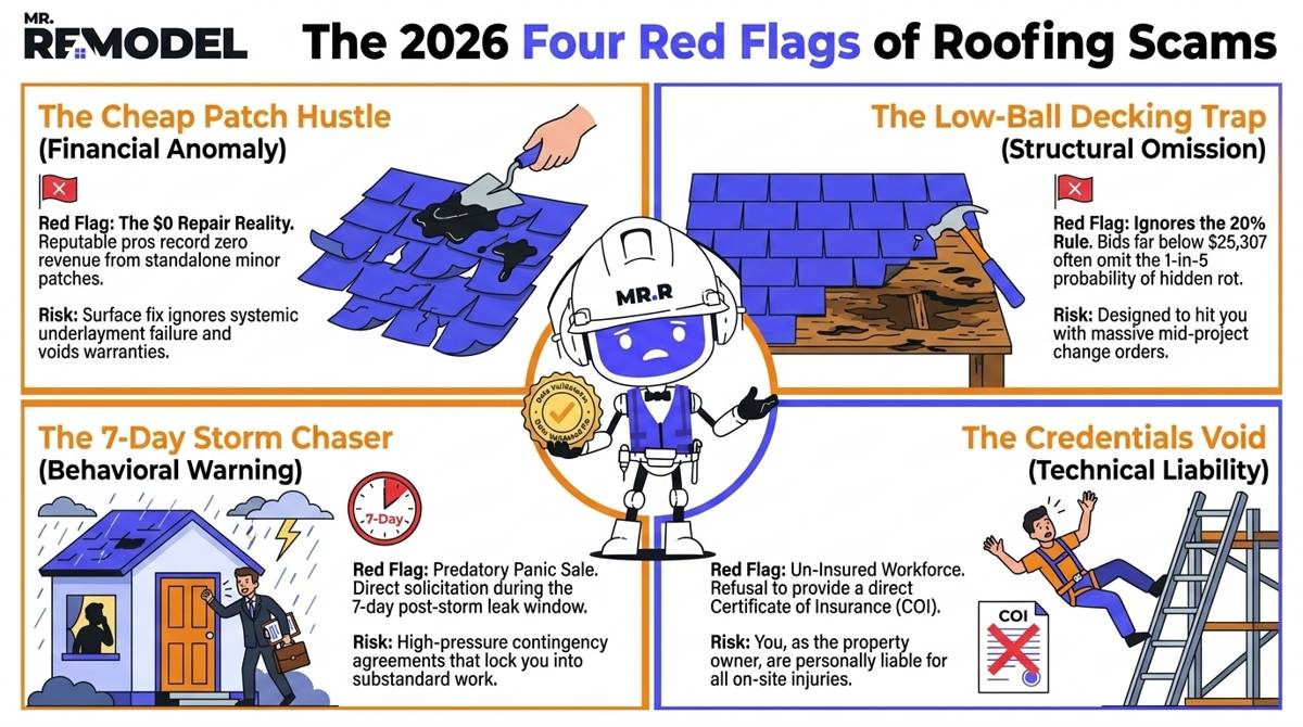 A 2026 comprehensive roofing vetting summary infographic detailing the four major contractor red flags: the cheap patch hustle, the low-ball decking trap, the 7-day post-storm chaser, and the un-insured credentials void.